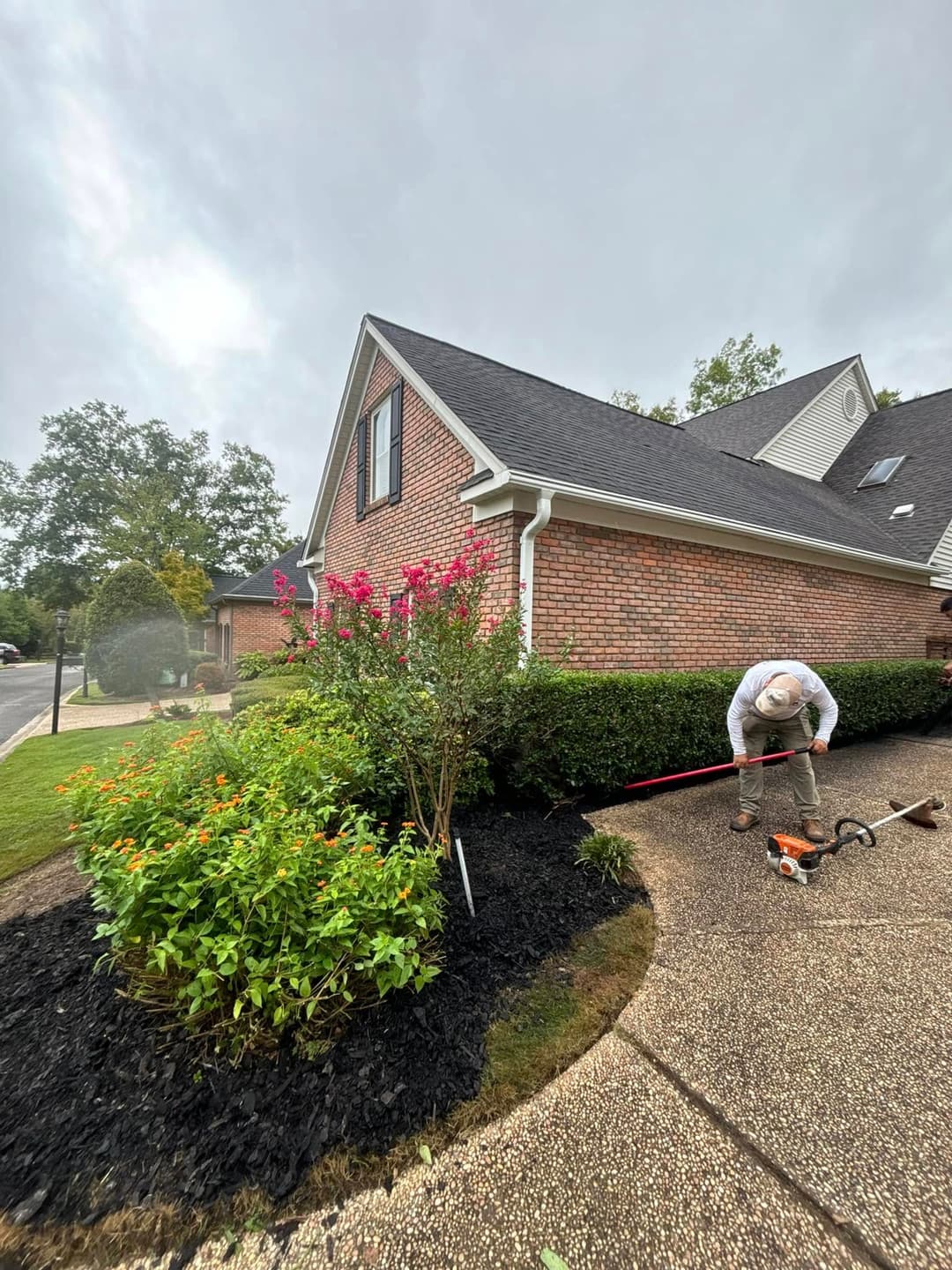 Man trimming bushes with a string trimmer near a brick house and colorful flower beds.