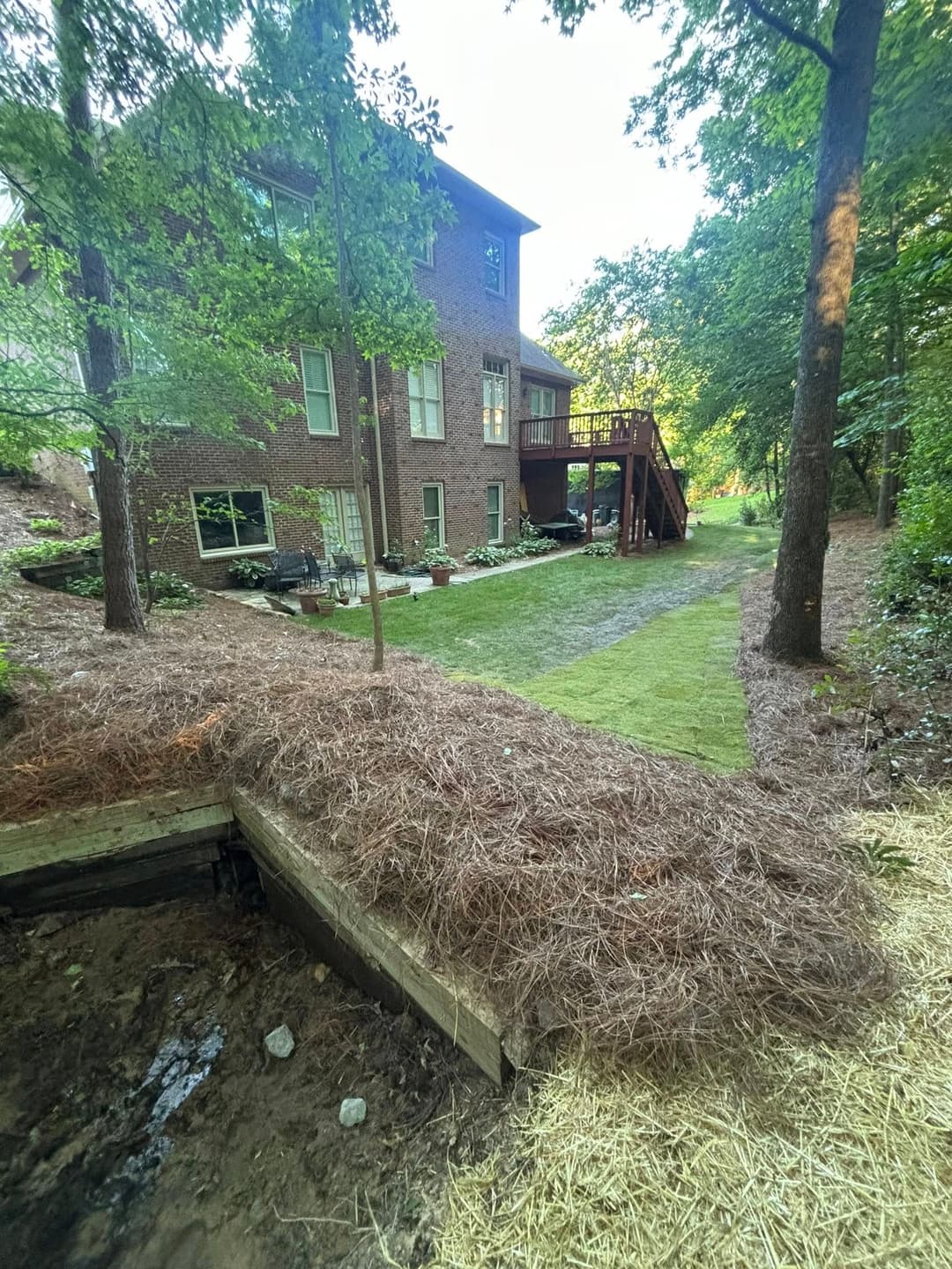 Backyard view of a brick house with a deck, greenery, and freshly laid pine straw.