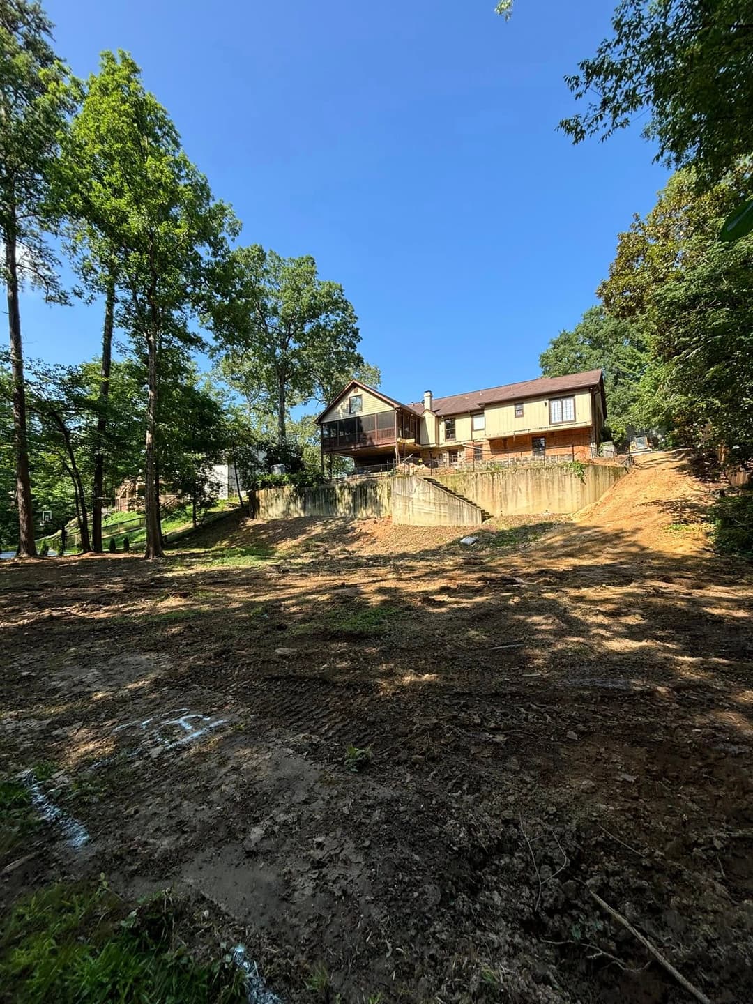 Cleared land for home construction surrounded by trees and blue sky.