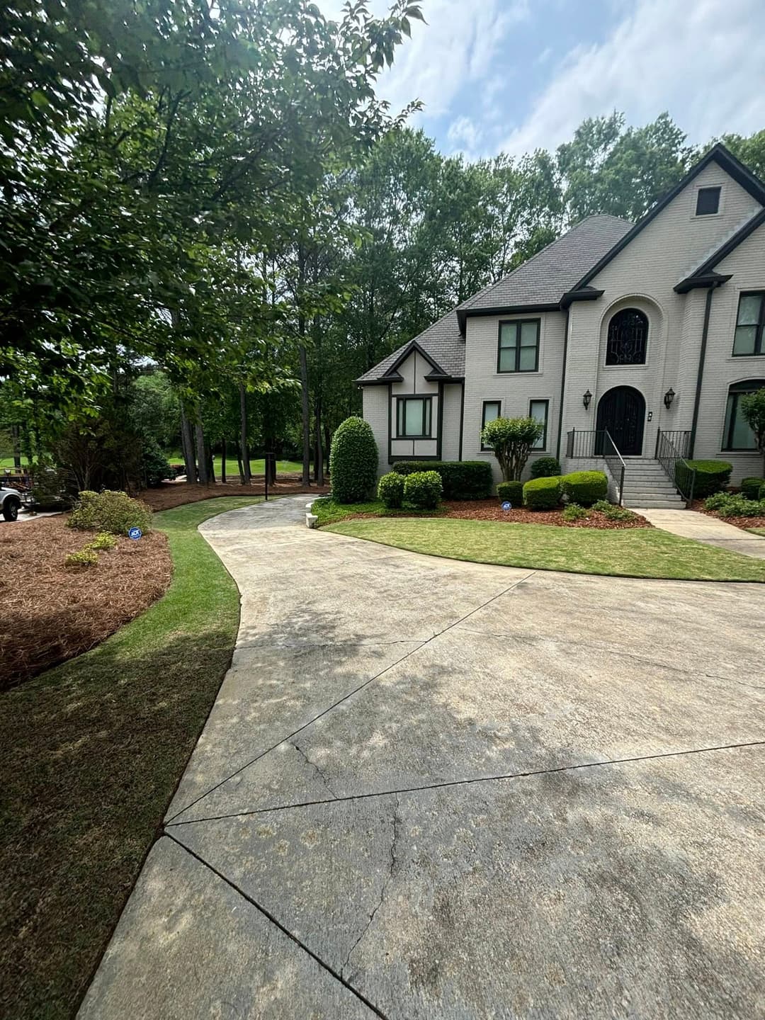 Elegant home with landscaped yard and curved driveway surrounded by trees and greenery.