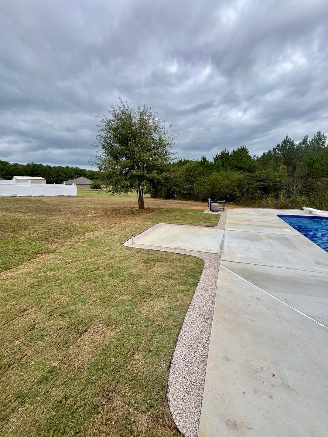 Backyard with a swimming pool, grassy area, tree, and a cloudy sky. Ideal for outdoor relaxation.