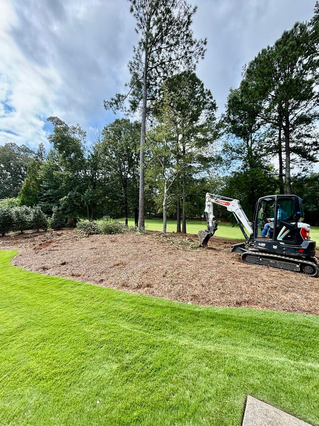 Excavator working on landscaping project in a residential yard surrounded by trees.