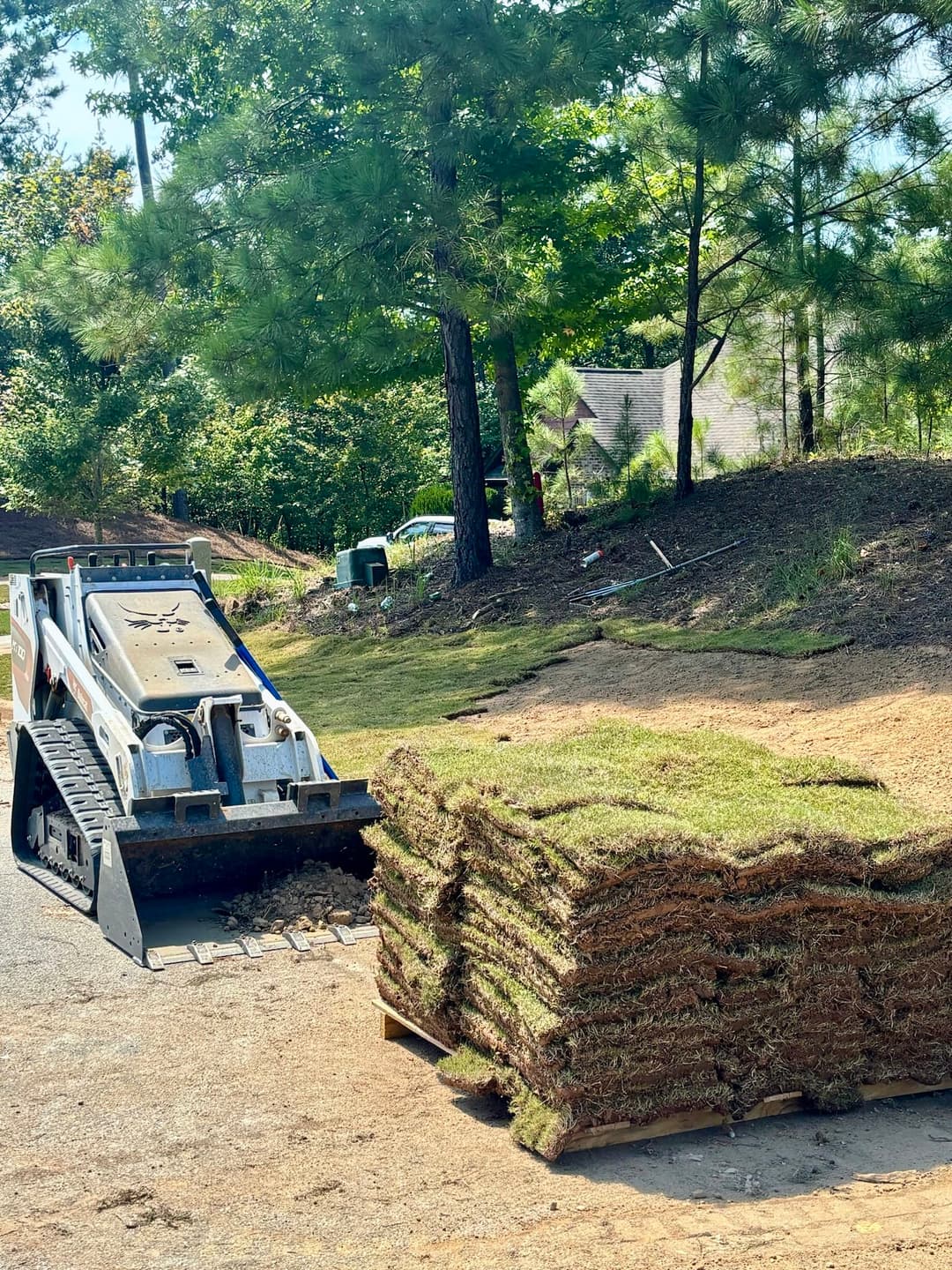 Skid steer delivering fresh sod on a sunny day in a residential yard.