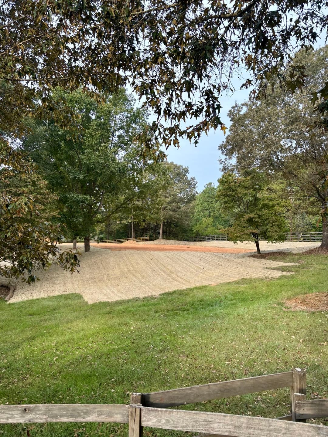 Grassy field with trees and a dirt area, ideal for outdoor activities and landscaping projects.