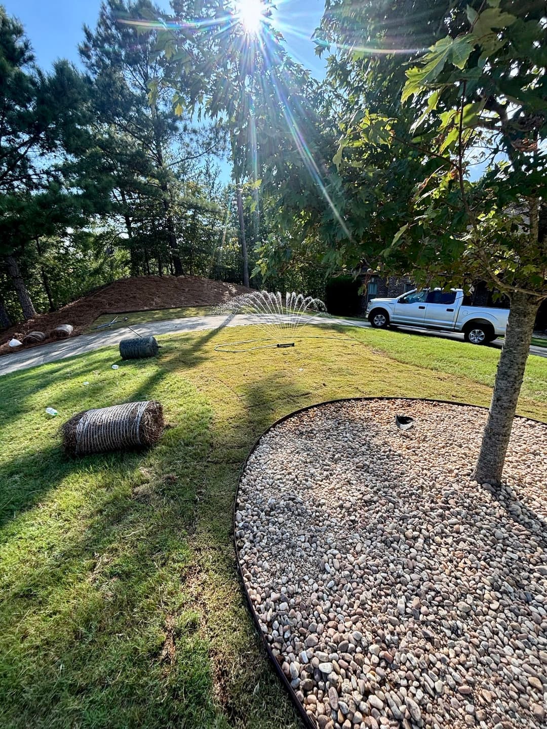 Lawn with irrigation system, gravel border, and sun shining through trees in a landscaped yard.