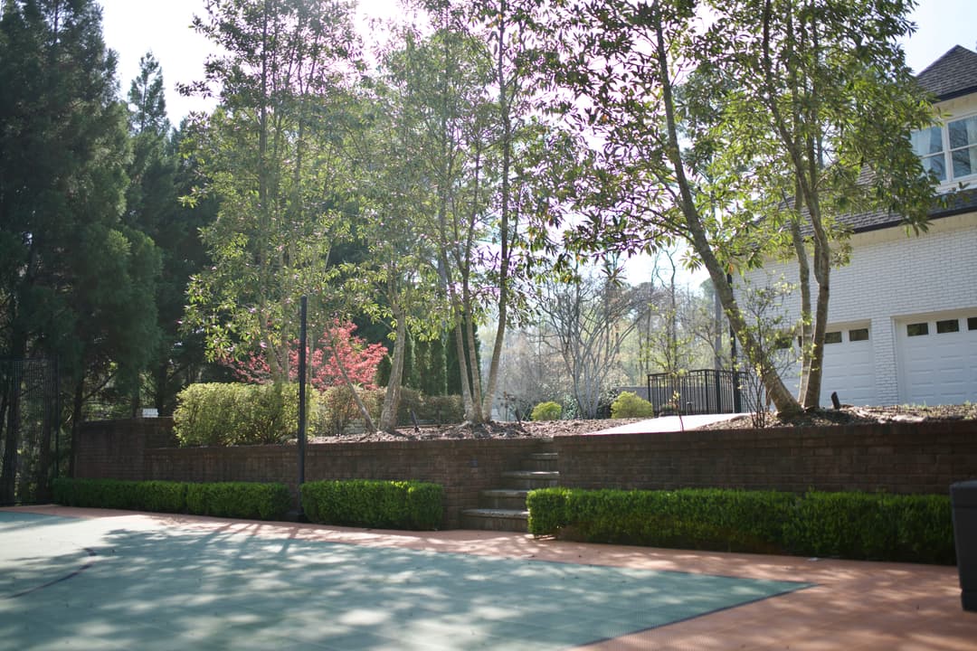 Lush garden with trees and shrubs beside a home and outdoor patio area.