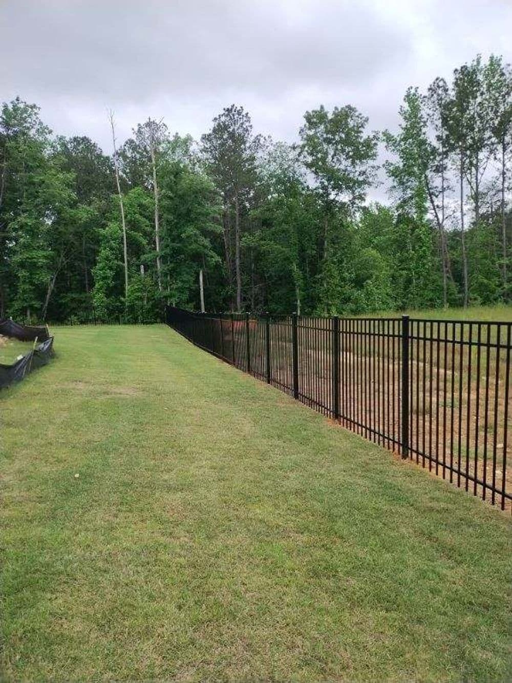 Black metal fence along a grassy area, surrounded by trees and cloudy sky.