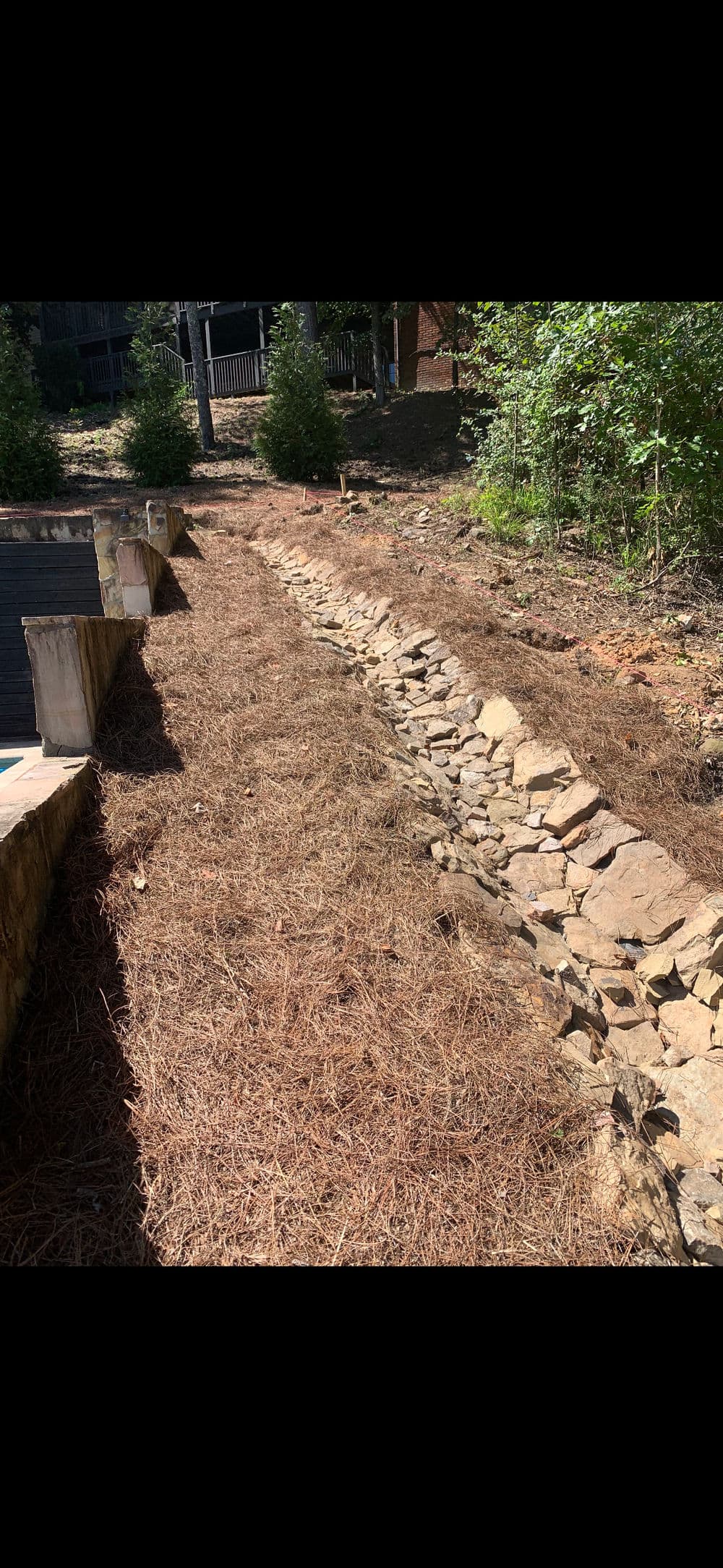 Rock-lined drainage pathway surrounded by pine straw and greenery in a wooded area.