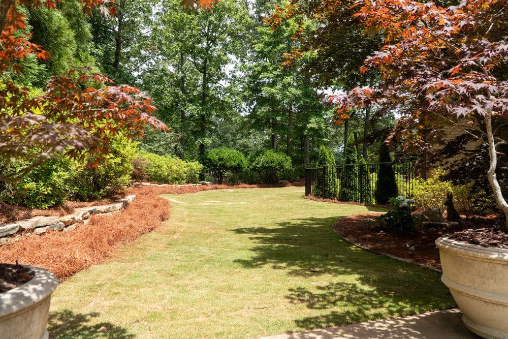Lush garden path surrounded by trees and colorful shrubs, leading to a fenced area.