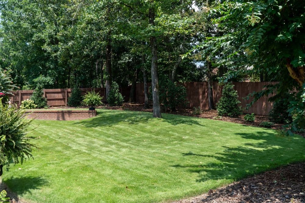 Lush green backyard with well-manicured grass and wooden fence, surrounded by trees and shrubs.