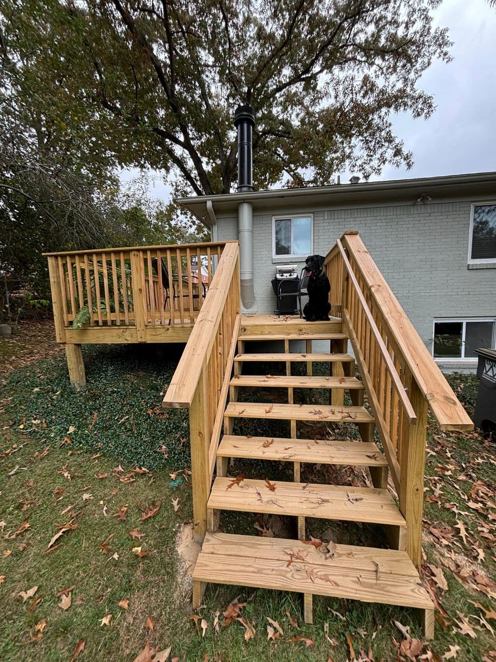 Wooden steps leading to a deck with a black dog and grill in a yard during fall.