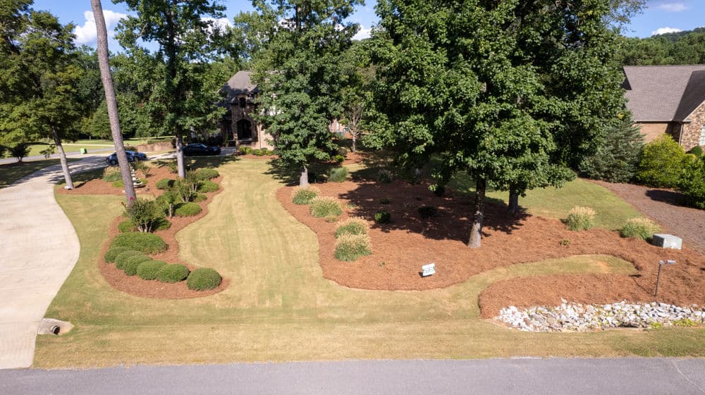 Aerial view of a landscaped yard featuring manicured bushes and mulched garden beds.