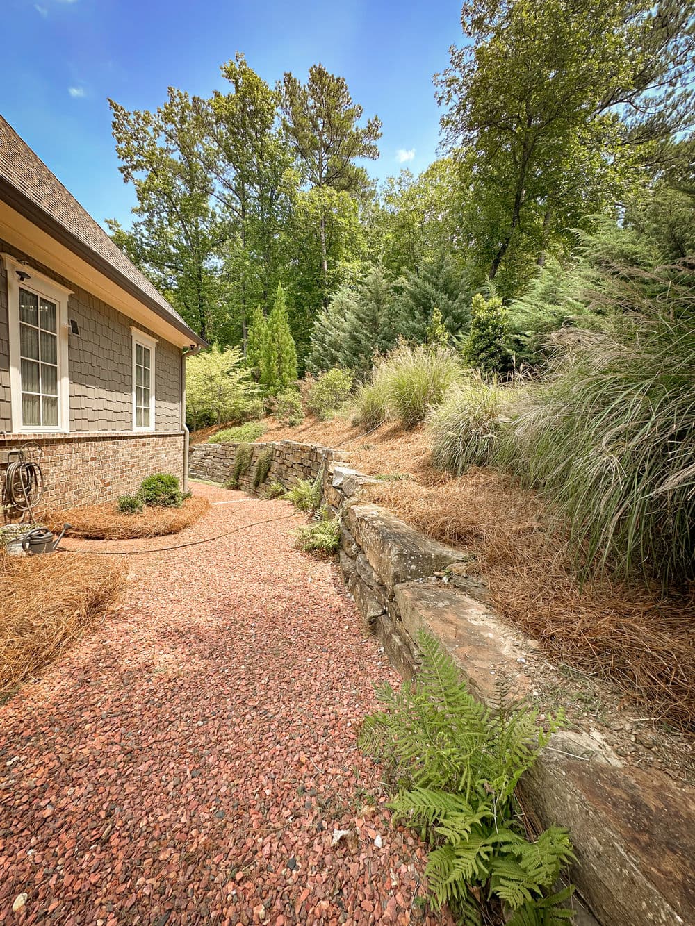 Pathway lined with gravel and rocks, leading up to a house surrounded by lush greenery.
