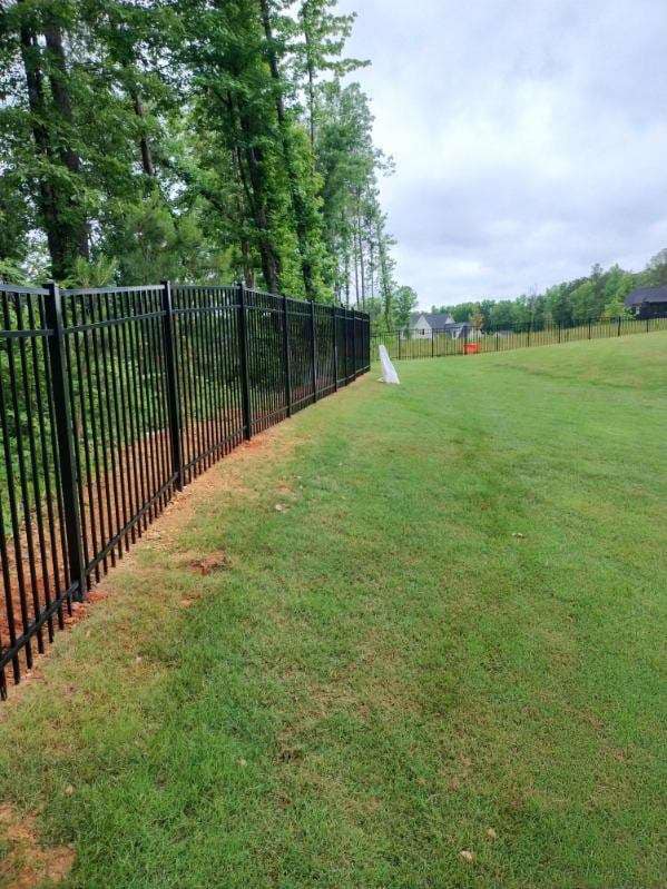 Black metal fence along a grassy area with trees and cloudy sky in the background.